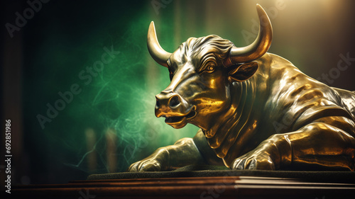 protrait of golden bull statue on the table in stock market exchange, bull market concept photo