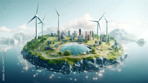 Wind power plant and technology. Smart grid. Renewable energy. Sustainable resources. generative AI. photo