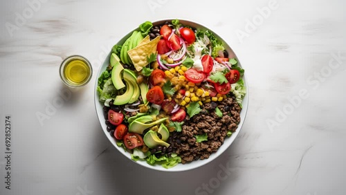 Healthy Layered Taco Salad in a round white bowl with a fork placed on the side of a bowl served with a good presentation on white dining table. Zoomed in shot from top view.  Horizontal video.