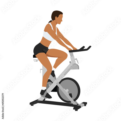 Woman doing Cardio stationary bike. spinning exercise. Flat vector illustration isolated on white background