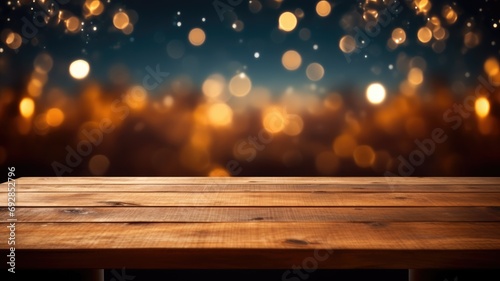 The empty wooden table top with blur background of restaurant at night. Exuberant image. generative ai