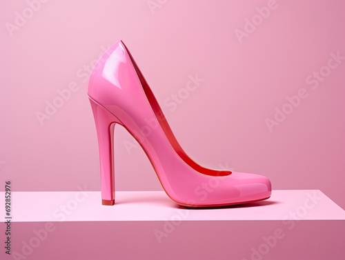 Pink patent leather shoes with high heels. Detailed photo on the pedestal. Subject, model shooting.