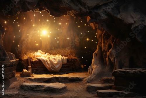 Christmas scene with empty wooden manger, star of Bethlehem in cave. Birth of Jesus Christ, nativity scene background