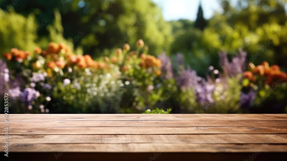 The empty wooden table top with blur background of English garden. Exuberant image. generative AI