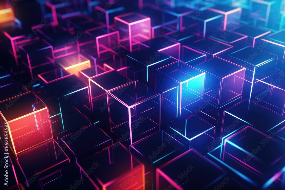 3d rendering of abstract geometric background with neon glowing cubes in dark space, 3D illustration of an abstract background with bokeh lights and mushrooms, AI Generated