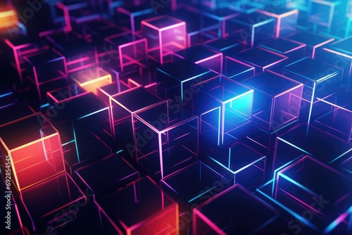 3d rendering of abstract geometric background with neon glowing cubes in dark space, 3D illustration of an abstract background with bokeh lights and mushrooms, AI Generated photo