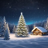 Fantastic winter landscape with christmas tree.