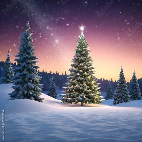 Fantastic winter landscape with christmas tree.