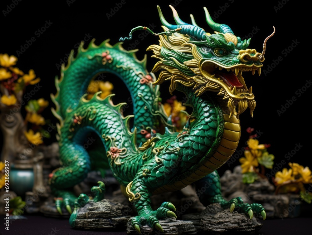 Chinese emerald dragon figure, vivid color background