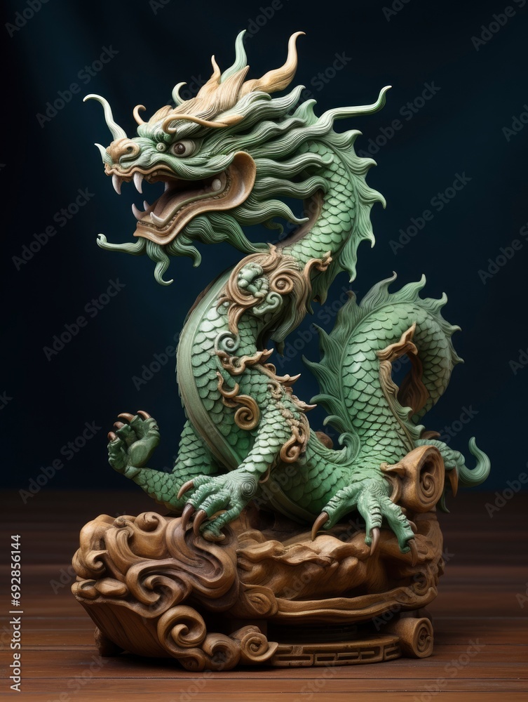Chinese green dragon wood figure, festive background Chinese green dragon wood figure, festive background