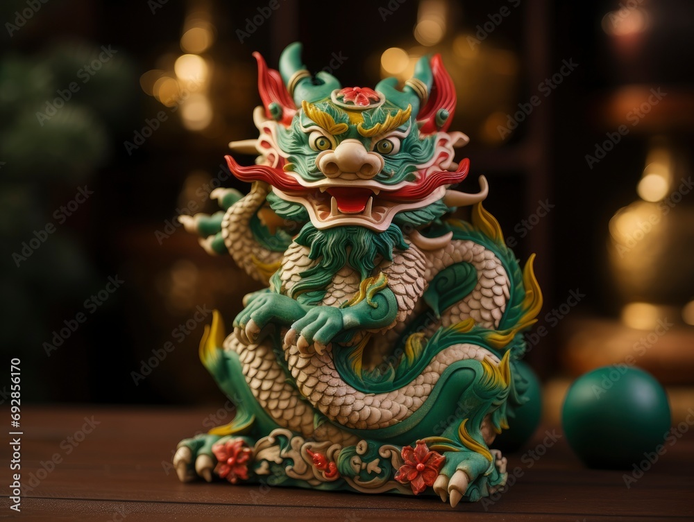 Fototapeta premium Chinese green dragon wood figure, festive background