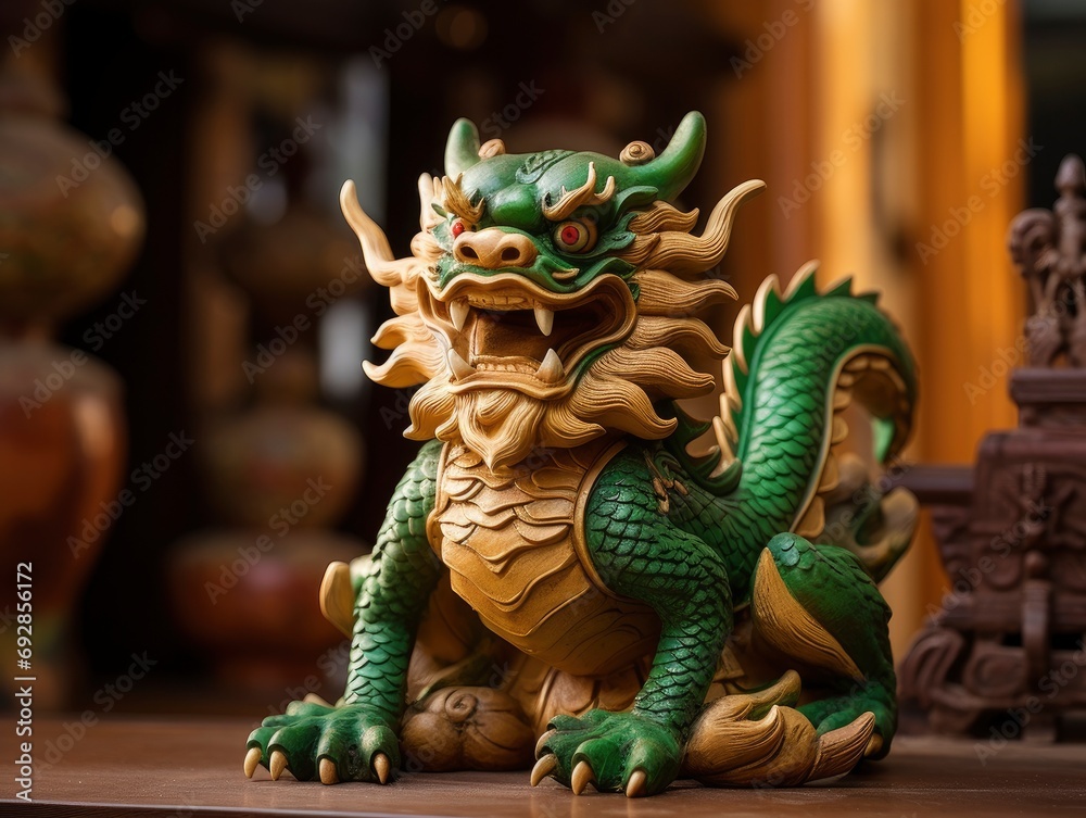 Fototapeta premium Chinese green dragon wood figure, festive background