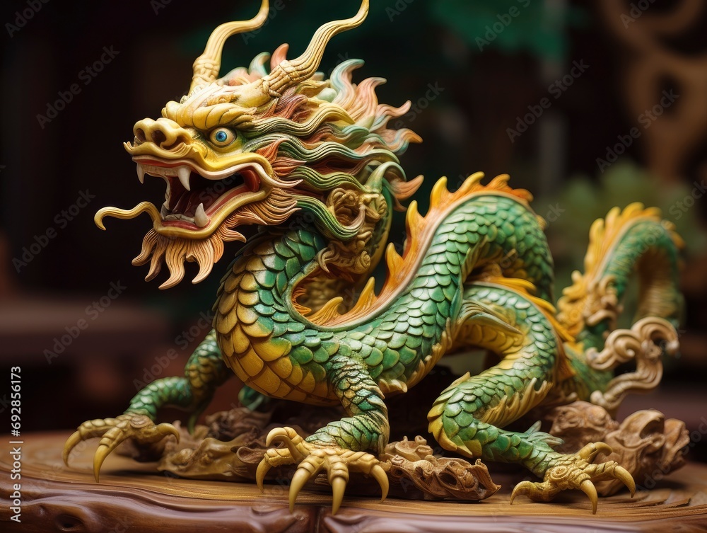 Fototapeta premium Chinese green dragon wood figure, festive background