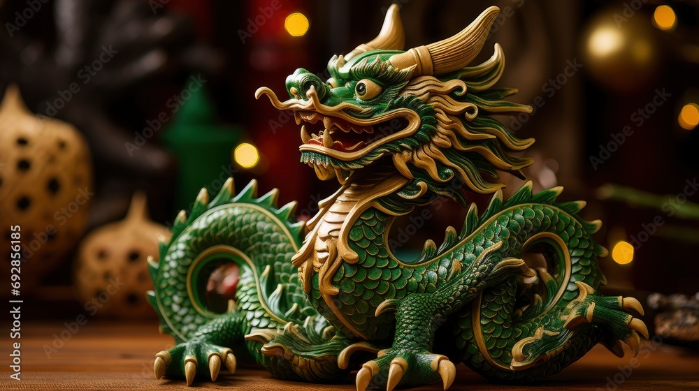 Fototapeta premium Chinese green dragon wood figure, festive background