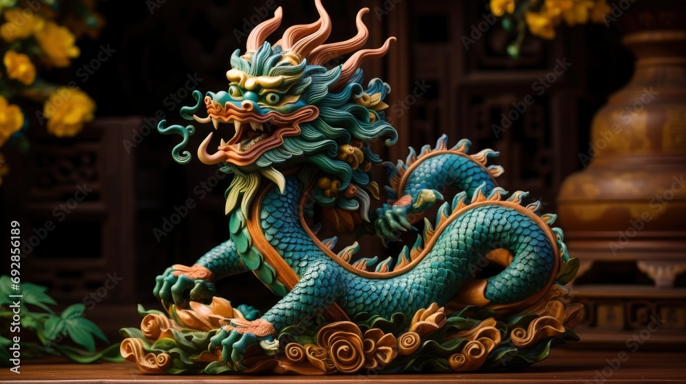 Obraz premium Chinese green dragon wood figure, festive background