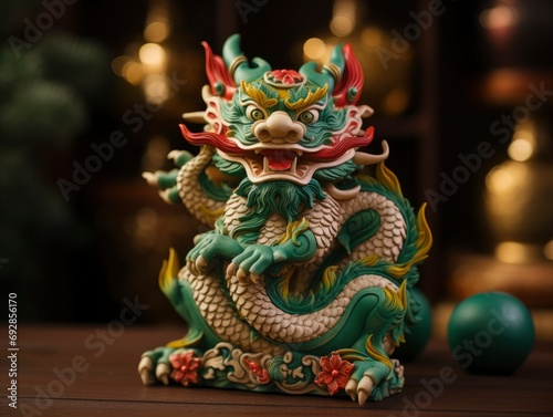 Chinese green dragon wood figure  festive background