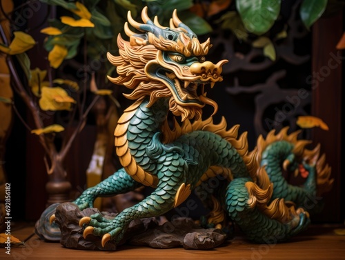 Chinese green dragon wood figure, festive background © shooreeq