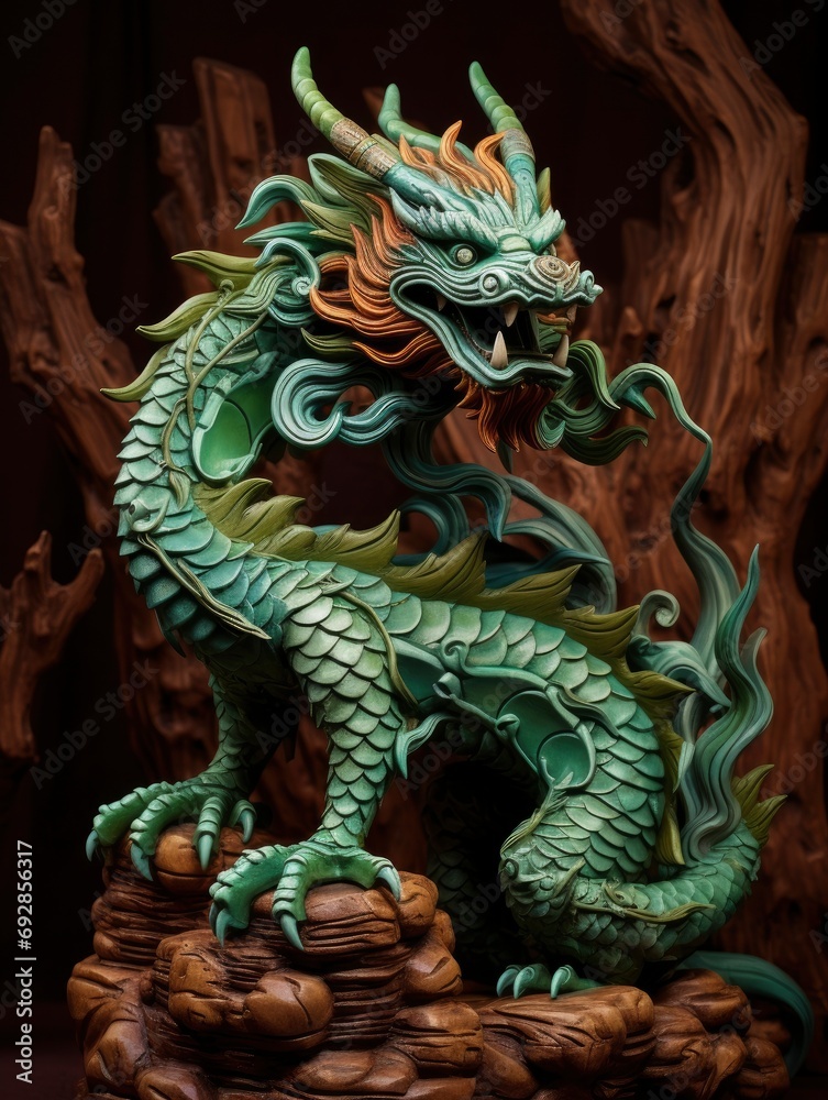 Chinese green wooden dragon full body clay figure, vivid color background