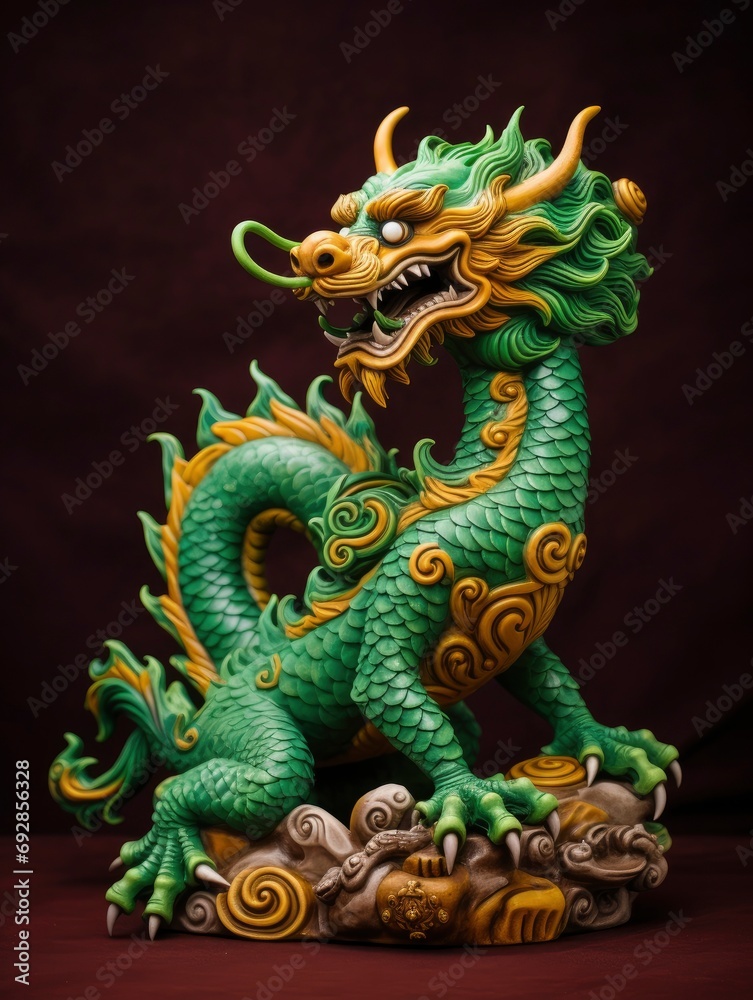 Fototapeta premium Chinese green wooden dragon full body clay figure, vivid color background