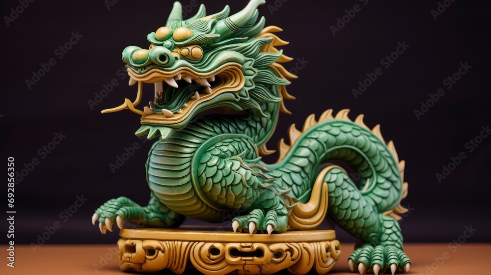 Chinese green wooden dragon full body clay figure, bright solid color background