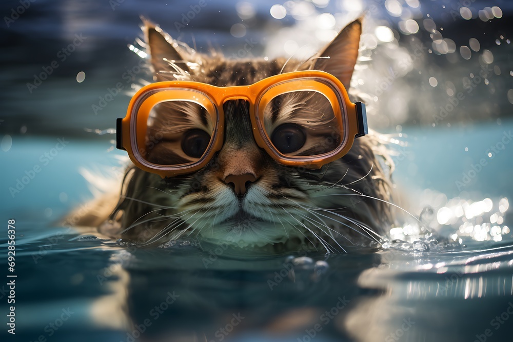 Happy cat wearing glasses and swimming in a pool. Funny Cat Expressions in Swimming Pool. summer vacation Concept.