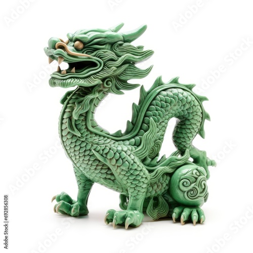 Chinese green wooden dragon full body clay figure, isolated on white background