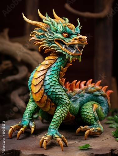 Chinese green wooden dragon full body clay figure  vivid color background