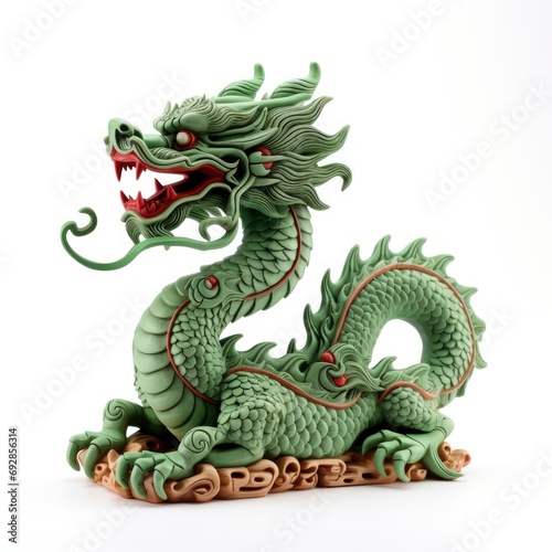 Chinese green wooden dragon full body clay figure  isolated on white background
