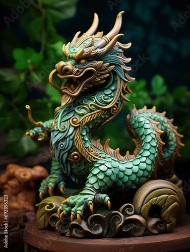 Chinese green wooden dragon full body clay figure  vivid color background
