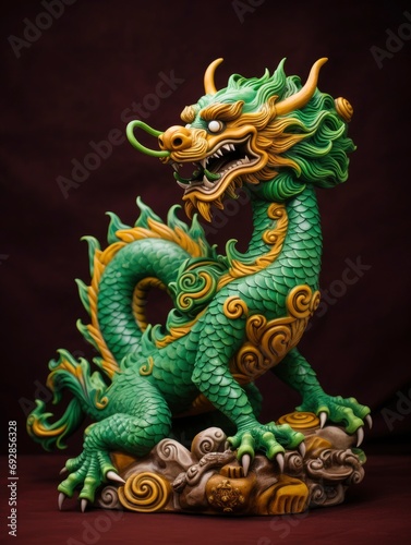 Chinese green wooden dragon full body clay figure, vivid color background © shooreeq