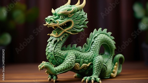 Chinese green wooden dragon full body clay figure  bright solid color background