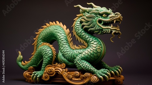 Chinese green wooden dragon full body clay figure, bright solid color background © shooreeq