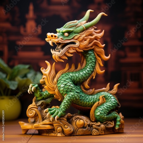 Chinese green wooden dragon full body clay figure  vivid color background