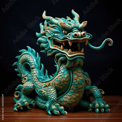 Chinese green wooden dragon full body clay figure, vivid color background © shooreeq