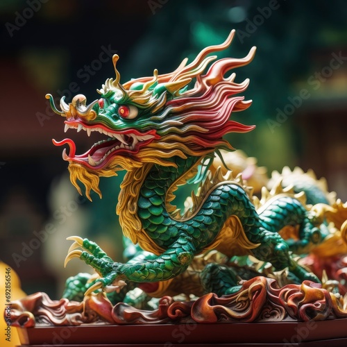 Chinese jade dragon figure, vivid festive background © shooreeq
