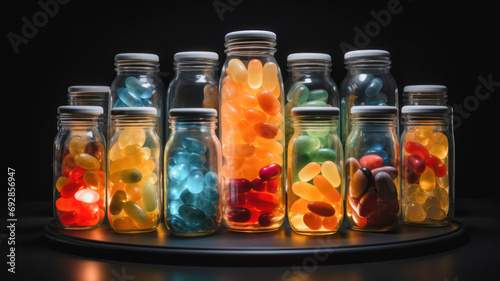 multicolored capsules with medicine in a glass jar 