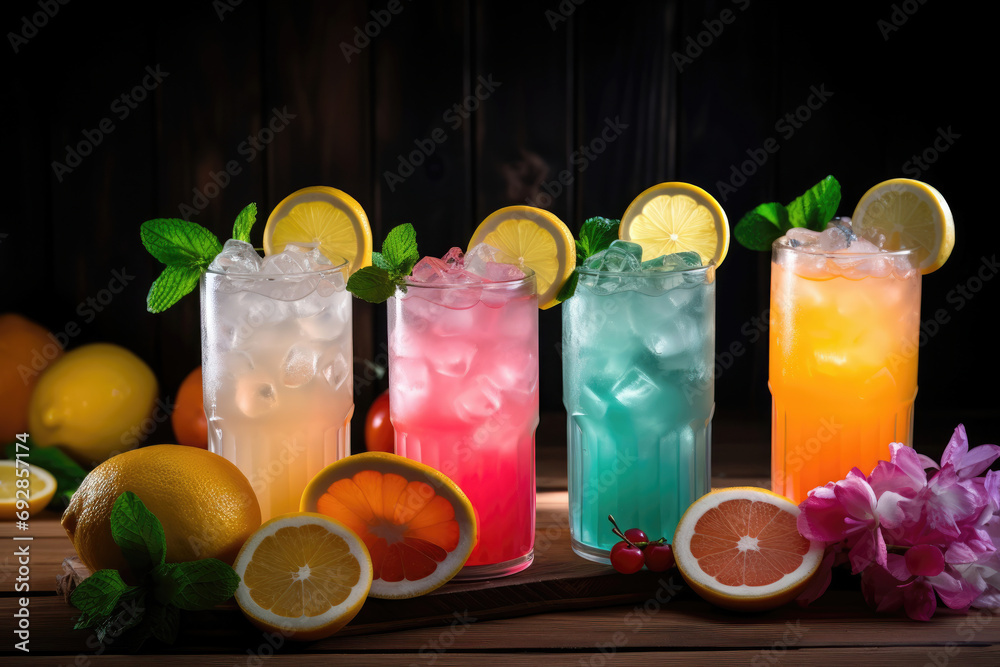 Array of colorful iced drinks with fruit and mint on a dark wooden table, lively and fresh.