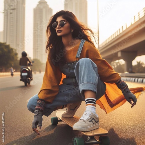 Indian woman riding a skateboard  photo