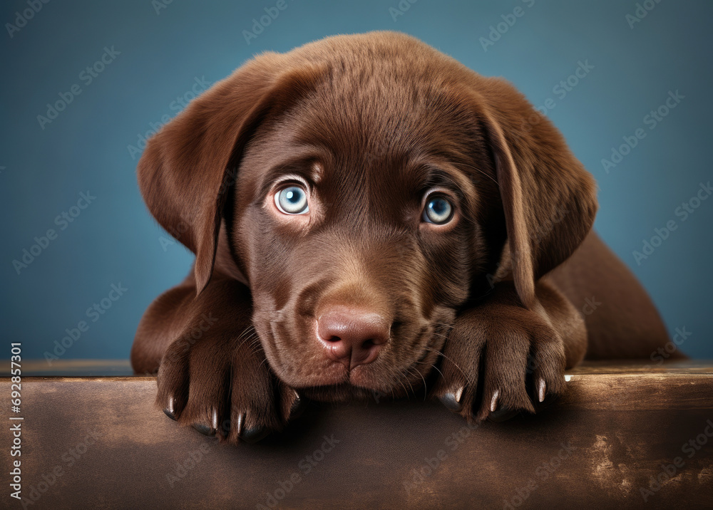Stunning portrait of a chocolate Labrador puppy with mesmerizing blue eyes, resting on a leather surface.