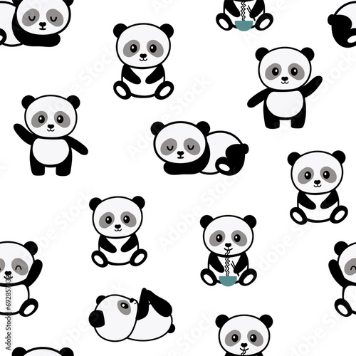 Fototapeta Naklejka Na Ścianę i Meble -  Seamless hand drawn pattern with stylized cute baby pandas in different positions - sleeping, sitting isolated on white background. Endless vector pattern for textiles or fabric for newborns.