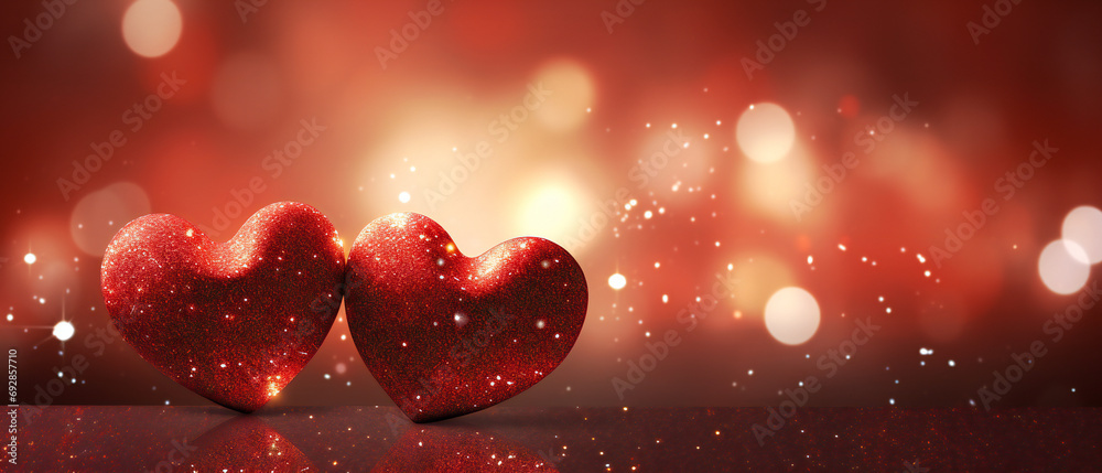 Two vibrant red hearts adorned with sparkling fruit, illuminating the love and joy of valentine's day Two vibrant red hearts adorned with sparkling fruit, illuminating the love and joy of valentine's day