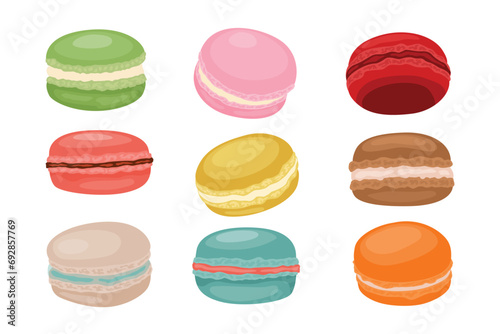 Colorful sweet macaroons or macarons dessert set collection, French biscuit dessert of almond flour, Restaurant and bakery cafe pastry, baker shop, bread, sweets. cartoon vector collection photo