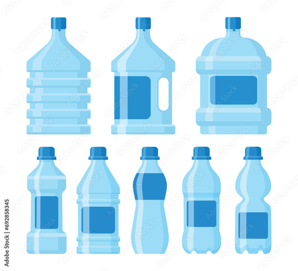 Gallon and Bottle Water Set Collection, Healthy Aqua big plastic barrel drink water bottle container for cooler and small tare for retail sale isolated, Clean potable drinking water dispenser.