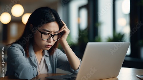 Asian woman stressed while working on laptop, feeling sick at work © suteeda