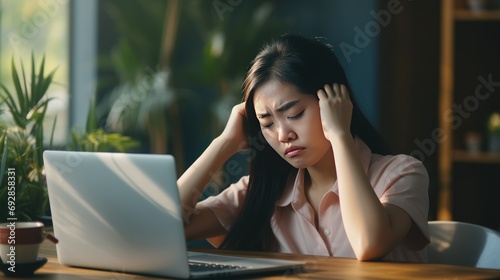 Asian woman stressed while working on laptop, feeling sick at work