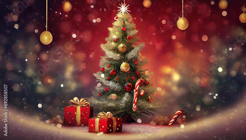 christmas, tree, decoration, holiday, xmas, celebration, ball, gift, winter, christmas tree, fir, new, ornament, year, star, present, season, green, merry, december, pine, red, gold, vector, festive
