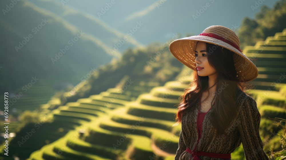 Asian woman wearing traditional Vietnamese culture on rice terraces