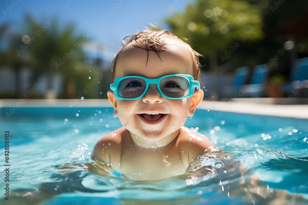 Cute little boy smiling in sunglasses in the pool on a sunny day. Cute baby boy with goggles in the swimming pool having fun. Summer vacation concept.