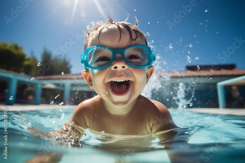Cute little boy smiling in sunglasses in the pool on a sunny day. Cute baby boy with goggles in the swimming pool having fun. Summer vacation concept. © ImaginaryInspiration