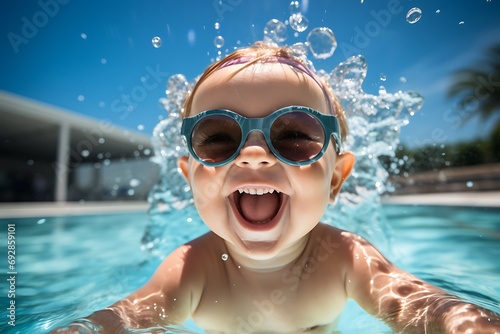 Cute little boy smiling in sunglasses in the pool on a sunny day. Cute baby boy with goggles in the swimming pool having fun. Summer vacation concept.